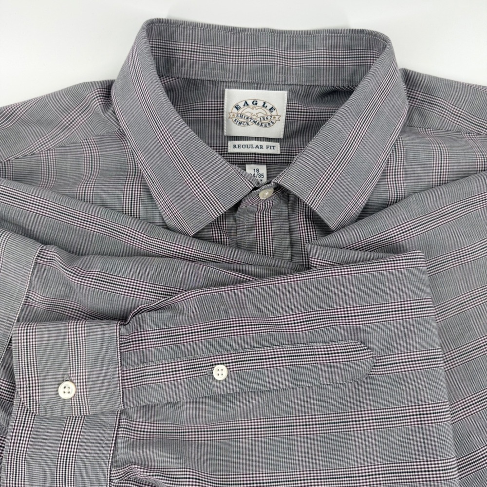 Eagle Shirtmakers Mens 18 34/35 Regular Fit Grey Purple Plaid Dress Shirt